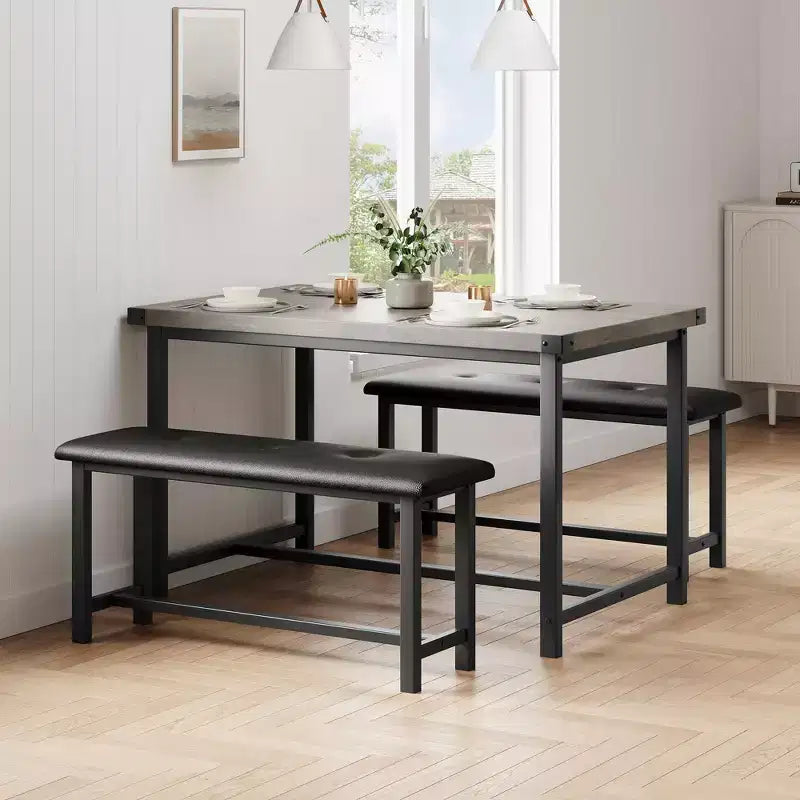 Set da Tavolo da Pranzo per 4, Set Tavolo da Cucina Piccolo, Tavolo da Cucina in Legno Industriale Moderno, 2 Panche Imbottite, Struttura in Metallo, per Soggiorno