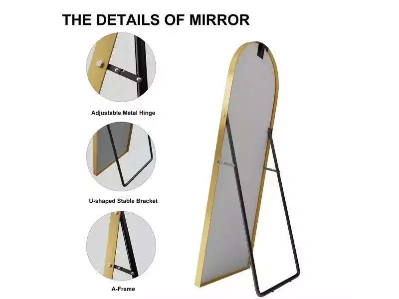 Specchio a figura intera MAYEERTY Gold da 23,62 x 66,93 pollici a forma di arco con bordo sottile in lega di alluminio e supporto per la decorazione della parete del soggiorno e della camera da letto