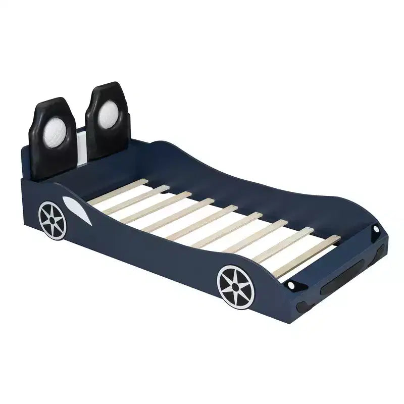 Letto a forma di auto da corsa per bambini, misura doppia, con luce a LED e schienale imbottito, struttura in legno, piattaforma letto per bambini