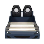 Letto a forma di auto da corsa per bambini, misura doppia, con luce a LED e schienale imbottito, struttura in legno, piattaforma letto per bambini