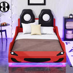 Letto a forma di auto da corsa per bambini, misura doppia, con luce a LED e schienale imbottito, struttura in legno, piattaforma letto per bambini