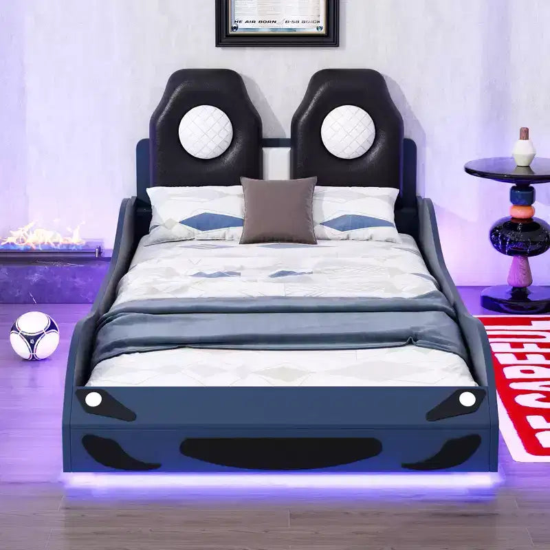 Letto a forma di auto da corsa per bambini, misura doppia, con luce a LED e schienale imbottito, struttura in legno, piattaforma letto per bambini