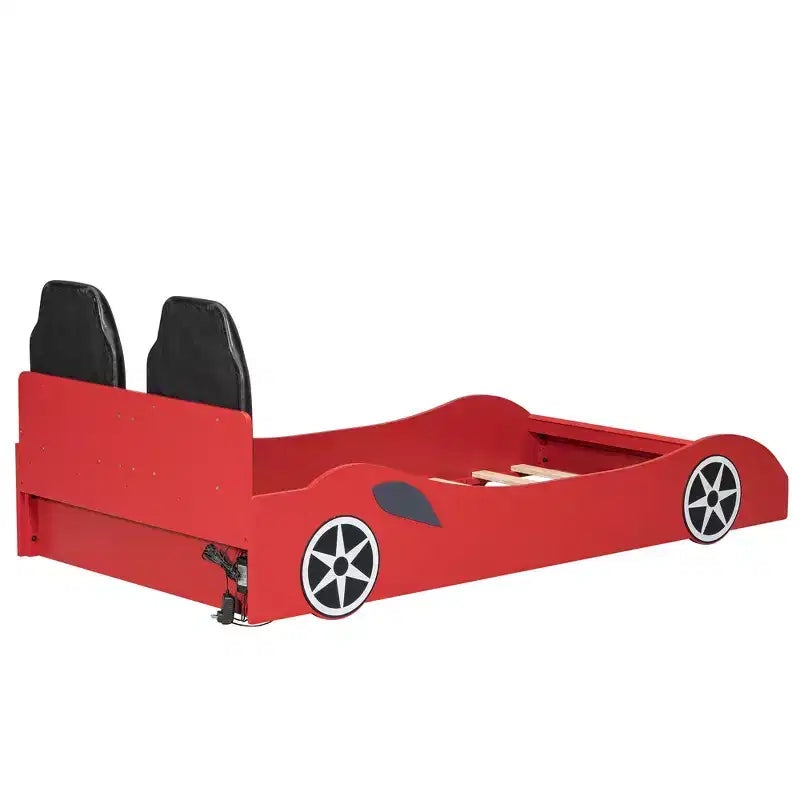 Letto a forma di auto da corsa per bambini, misura doppia, con luce a LED e schienale imbottito, struttura in legno, piattaforma letto per bambini