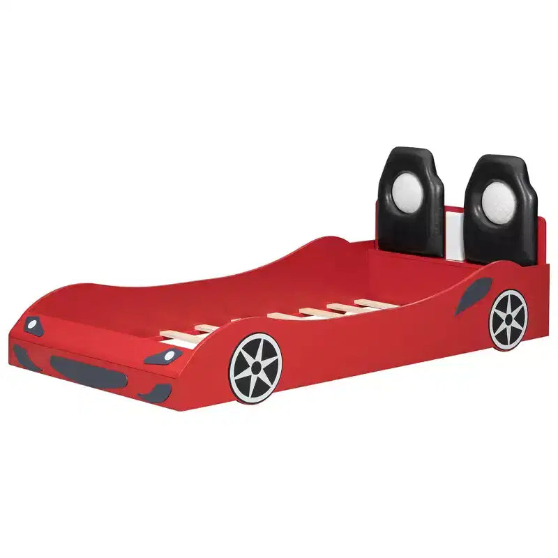 Letto a forma di auto da corsa per bambini, misura doppia, con luce a LED e schienale imbottito, struttura in legno, piattaforma letto per bambini