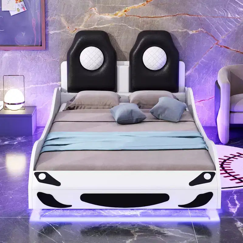 Letto a forma di auto da corsa per bambini, misura doppia, con luce a LED e schienale imbottito, struttura in legno, piattaforma letto per bambini
