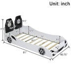 Letto a forma di auto da corsa per bambini, misura doppia, con luce a LED e schienale imbottito, struttura in legno, piattaforma letto per bambini