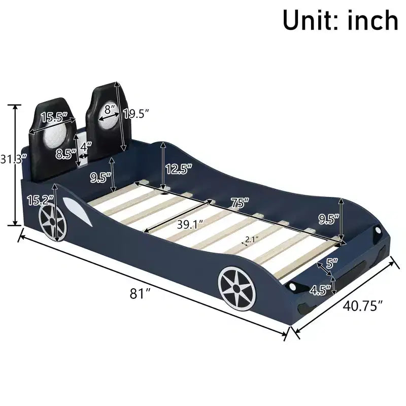 Letto a forma di auto da corsa per bambini, misura doppia, con luce a LED e schienale imbottito, struttura in legno, piattaforma letto per bambini