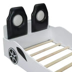 Letto a forma di auto da corsa per bambini, misura doppia, con luce a LED e schienale imbottito, struttura in legno, piattaforma letto per bambini