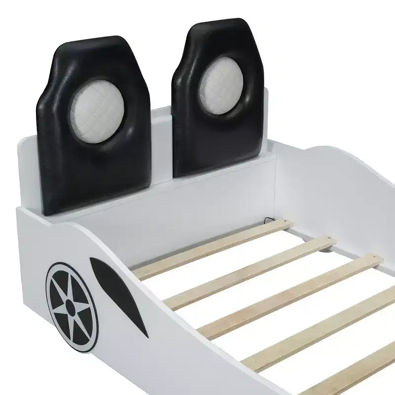Letto a forma di auto da corsa per bambini, misura doppia, con luce a LED e schienale imbottito, struttura in legno, piattaforma letto per bambini