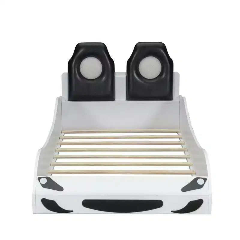 Letto a forma di auto da corsa per bambini, misura doppia, con luce a LED e schienale imbottito, struttura in legno, piattaforma letto per bambini