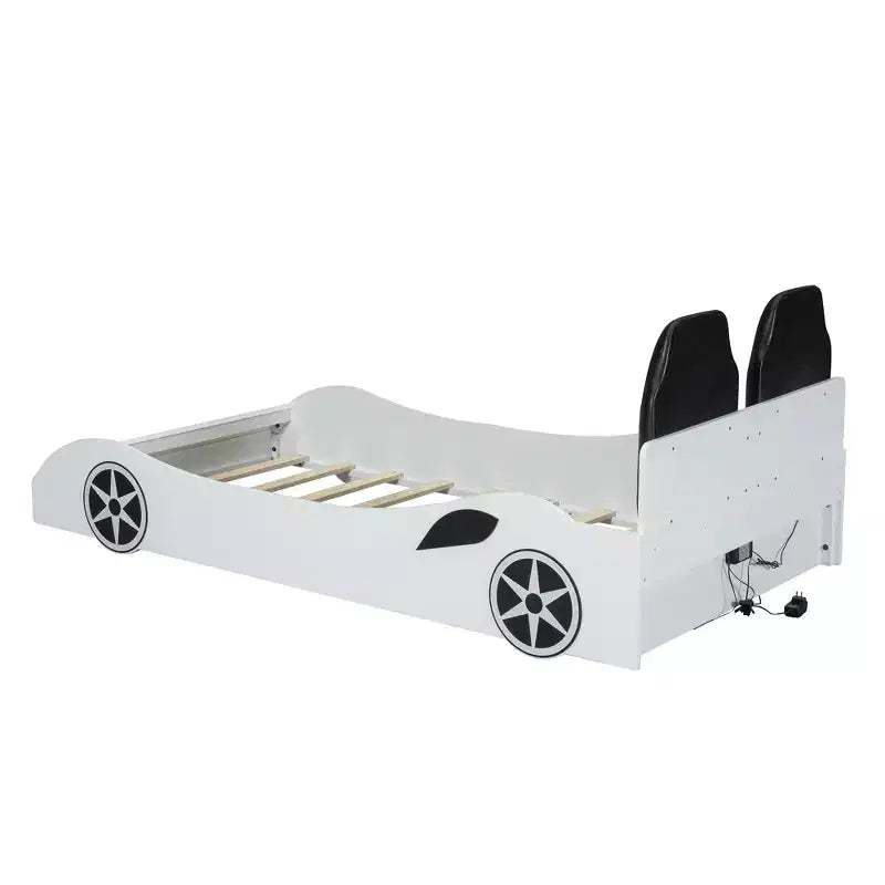 Letto a forma di auto da corsa per bambini, misura doppia, con luce a LED e schienale imbottito, struttura in legno, piattaforma letto per bambini