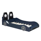 Letto a forma di auto da corsa per bambini, misura doppia, con luce a LED e schienale imbottito, struttura in legno, piattaforma letto per bambini
