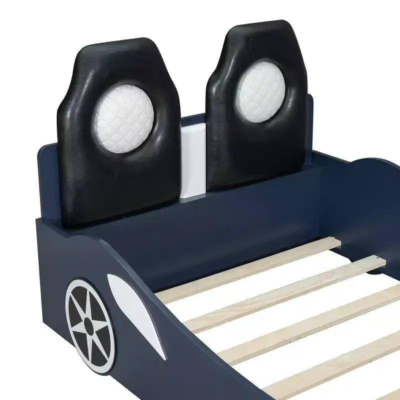 Letto a forma di auto da corsa per bambini, misura doppia, con luce a LED e schienale imbottito, struttura in legno, piattaforma letto per bambini