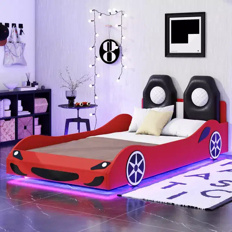 Letto a forma di auto da corsa per bambini, misura doppia, con luce a LED e schienale imbottito, struttura in legno, piattaforma letto per bambini