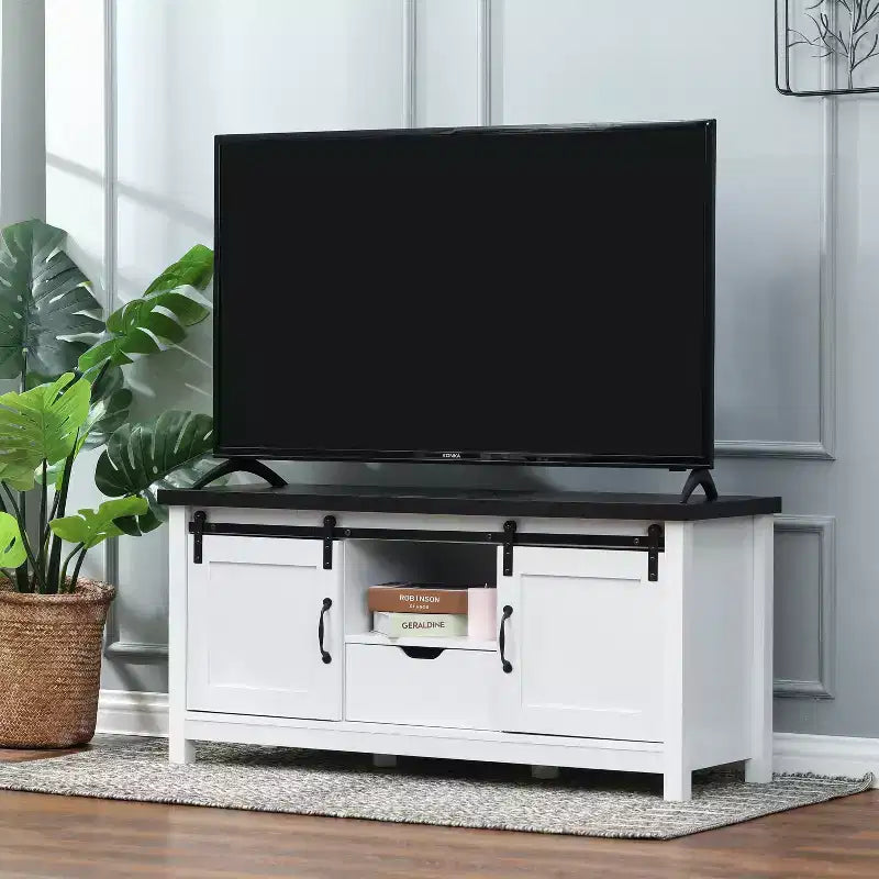 LuxenHome Mobile TV 47,3W stile fattoria per soggiorno con porta scorrevole a granaio, console multimediale con vani portaoggetti e cassetto Bianco