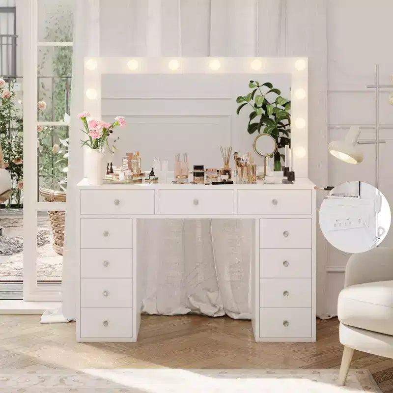 Dressing table with power outlet, 11-drawer vanity with mirror and 12 LED lights, suitable for bedrooms