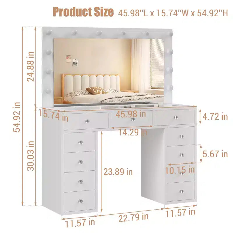Toeletta con presa di corrente, vanity da 11 cassetti con specchio e 12 luci LED, adatta per camere da letto