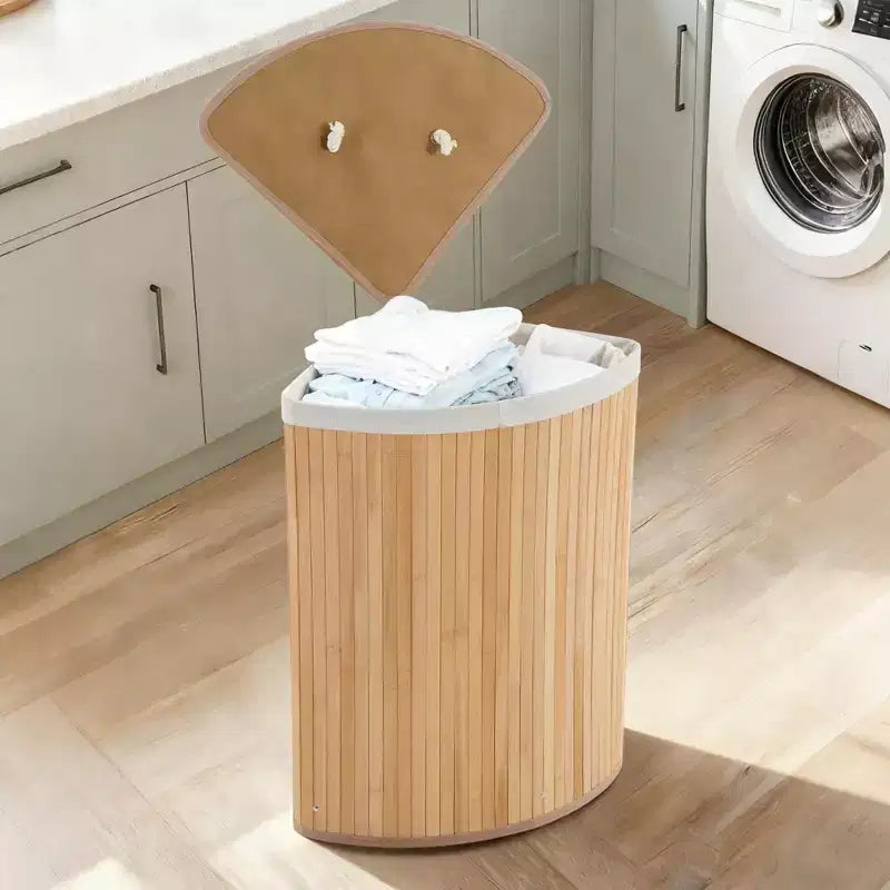 Bamboo Laundry Hamper Large 58L with Removable 3-Section Liner, Foldable Storage Basket with Lid and Handles for Bedroom, Laundry Room, Small Spaces