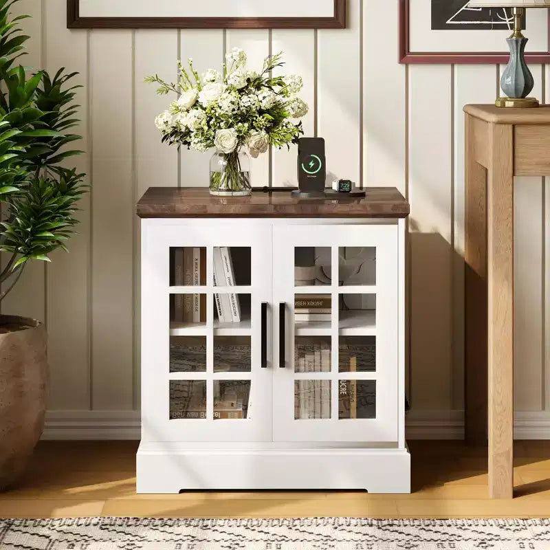 25Modern White MDF End Table Nightstand with Charging Station, Adjustable Glass Door, and Storage, Compact and Functional Bedside Table for Bedroom