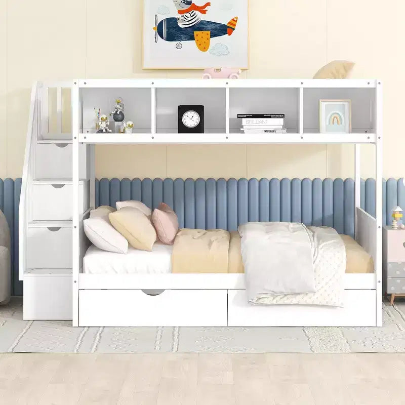 Bellemave Twin over Full Bunk Bed with Shelfs, Storage Staircase and 2 Drawers, White