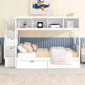 Bellemave Twin over Full Bunk Bed with Shelfs, Storage Staircase and 2 Drawers, White