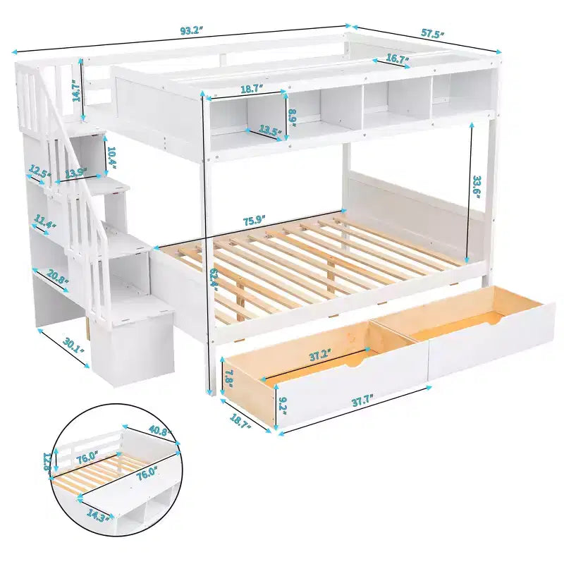 Letto a castello Bellemave Twin su Full con mensole, scala contenitore e 2 cassetti, Bianco