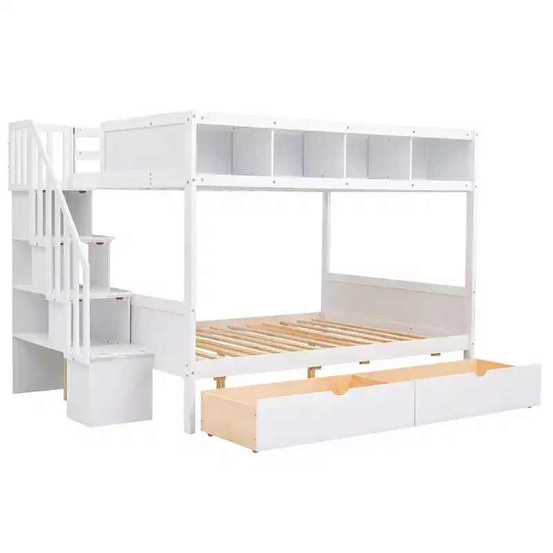 Letto a castello Bellemave Twin su Full con mensole, scala contenitore e 2 cassetti, Bianco
