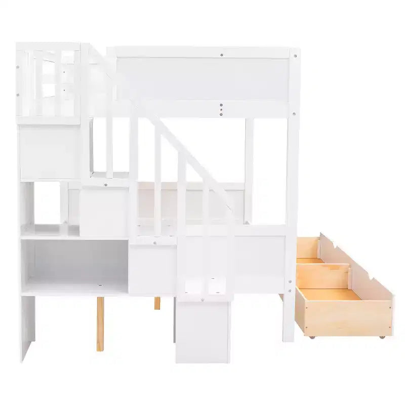 Letto a castello Bellemave Twin su Full con mensole, scala contenitore e 2 cassetti, Bianco