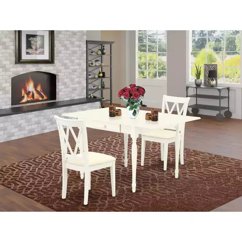 Set tavolo da pranzo HomeStock 3 pezzi con piano in legno massello con finitura bianca in lino e ribalta
