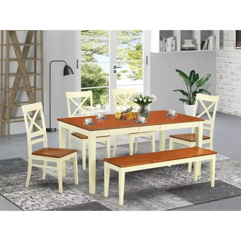 HomeStock Tavolo da pranzo rettangolare a 6 pezzi, piano in legno massello con finitura color latticello e ciliegio, con 1 panca e 4 sedie