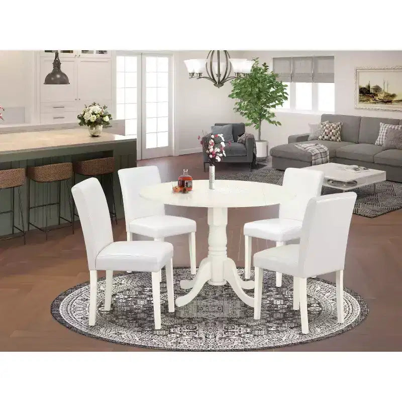 Set Tavolo da Cucina Rotondo 5pz, Tavolo 42" con Alette a Scomparsa e 4 Sedie Parsons - Pelle PU Bianca