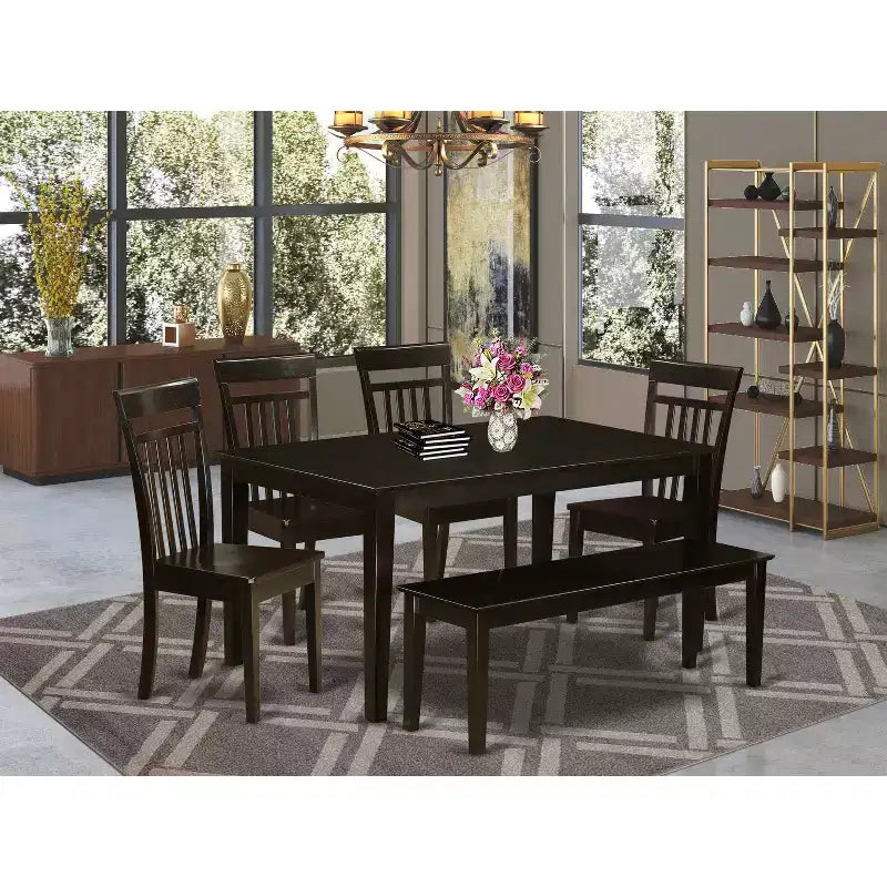 HomeStock Tavolo da Pranzo Rettangolare a 6 Pezzi con Piano in Legno Massello Finitura Cappuccino con 1 Panca, 4 Sedie