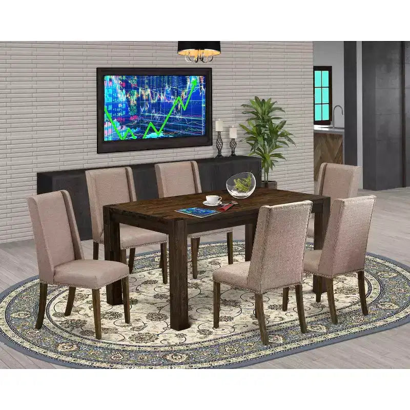 HomeStock Set tavolo da pranzo rettangolare a 7 pezzi in legno massello con finitura Jacobean anticata e 6 sedie Parson