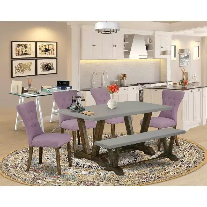HomeStock Tavolo da Pranzo Rettangolare 6 pz con Finitura Jacobeana Anticata, Piano in Legno Massello, 1 Panca, 4 Sedie