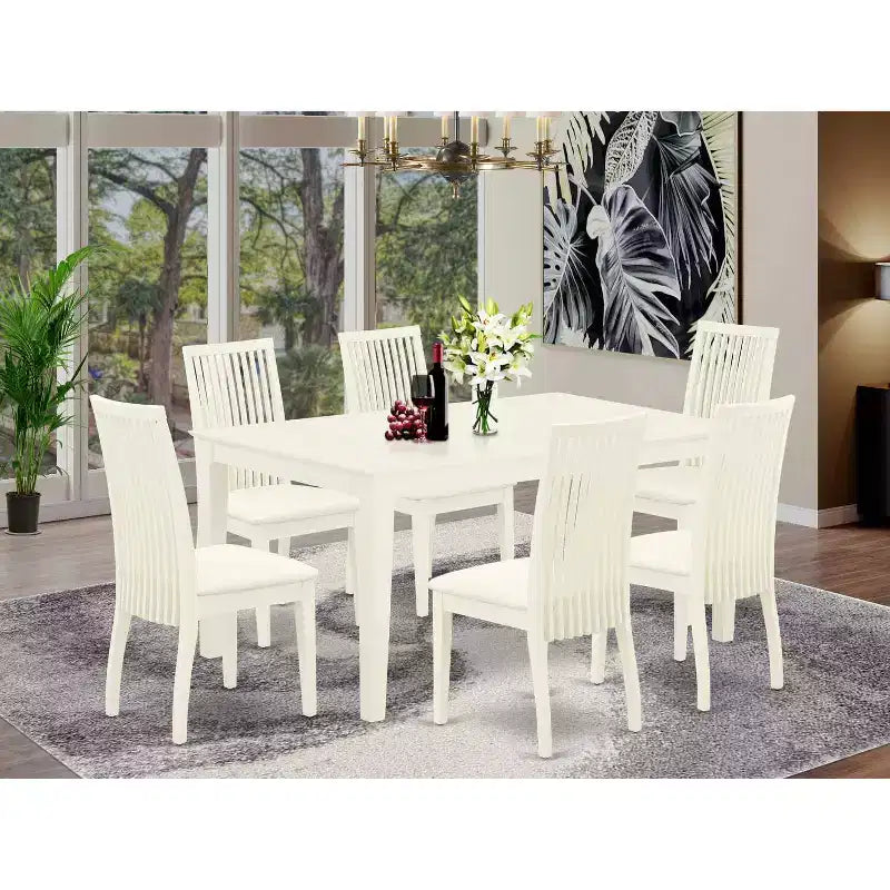 Tavolo da Pranzo HomeStock Rettangolare a 7 Pezzi, con piano in legno massello, Finitura Bianca Lino e 6 Sedie