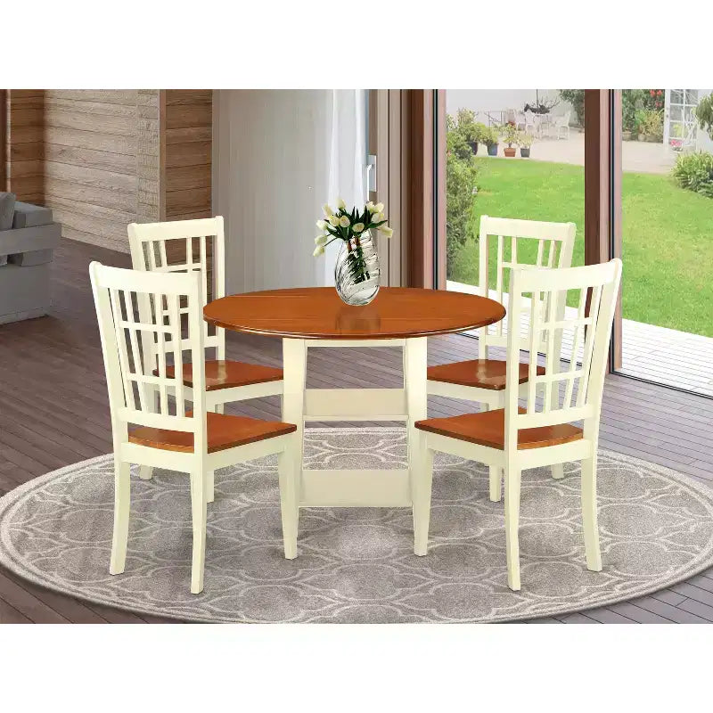 HomeStock set da pranzo da 3 pezzi in legno massello con piano color latticello e ciliegio - rotondo - 4 posti