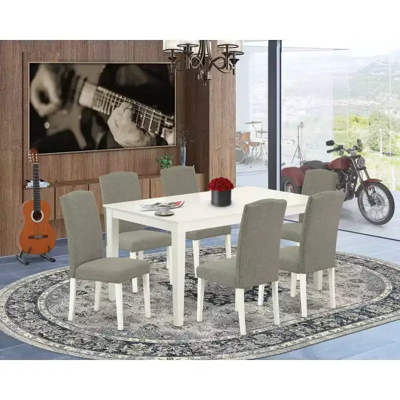 HomeStock Tavolo da Pranzo Rettangolare in Legno Massello con Finitura Lino Bianco a 7 Pezzi con 6 Sedie Parson