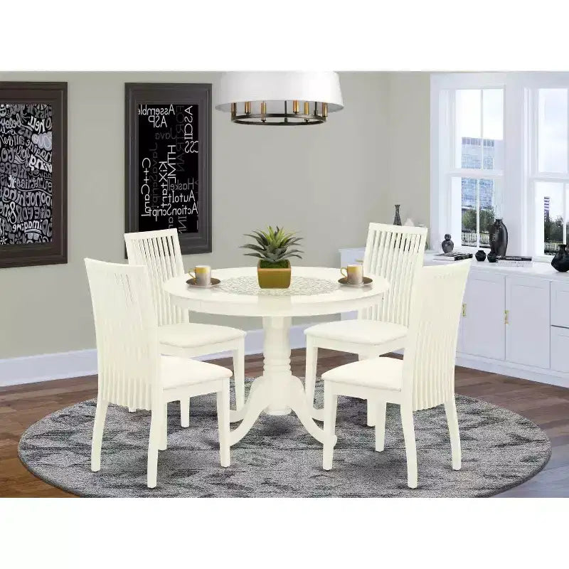 HomeStock Tavolo da pranzo rotondo da 5 pezzi con piano in legno massello finitura bianca in lino e 4 sedie