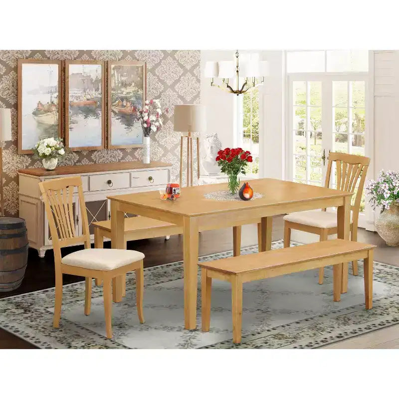 HomeStock Set Sala da Pranzo 5 Pezzi Tavolo Rettangolare con Finitura Rovere Naturale e Piano in Legno Massello, 2 Panche, 2 Sedie