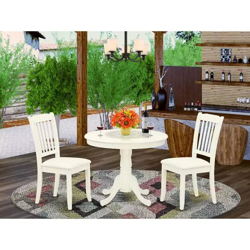 HomeStock Set da Pranzo Rotondo in Legno Massello Finitura Bianco Lino, 3 Pezzi, 4 Posti
