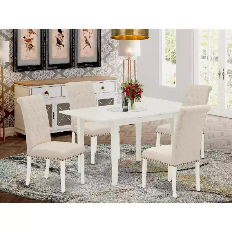 HomeStock Set Sala da Pranzo 5 Pezzi, Top in Legno Massello Finitura Bianco Lino - Rettangolare, con Bottoni Trapuntati e Allunga a Farfalla - Posti a Sedere per 4