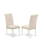 HomeStock Set Sala da Pranzo 5 Pezzi, Top in Legno Massello Finitura Bianco Lino - Rettangolare, con Bottoni Trapuntati e Allunga a Farfalla - Posti a Sedere per 4