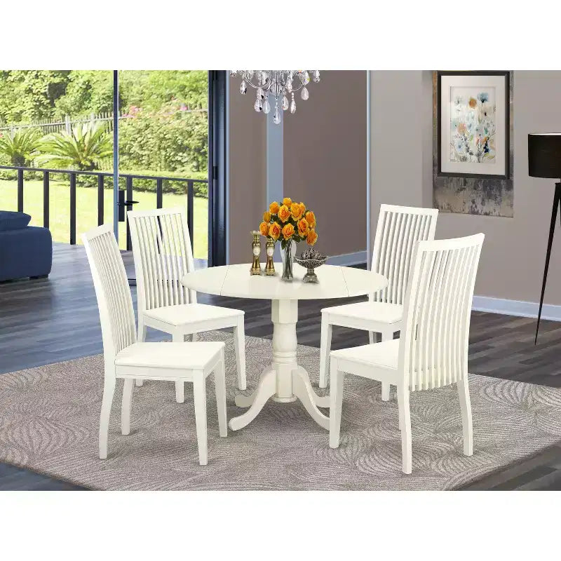 HomeStock Tavolo da pranzo in legno massello con piano bianco lino e 4 sedie, 5 pezzi