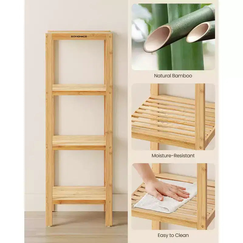 Scaffale a 4 ripiani in bambù, mobile portaoggetti alto 98 cm, ingombro salvaspazio 33x33 cm, 4 ripiani regolabili, per bagno, cucina, balcone