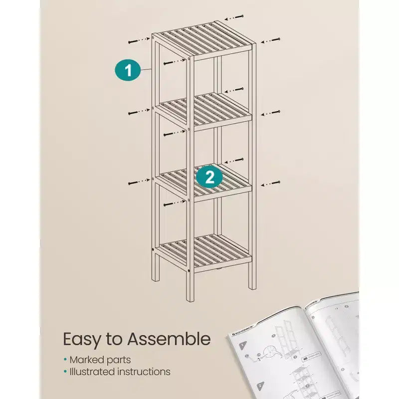 Scaffale a 4 ripiani in bambù, mobile portaoggetti alto 98 cm, ingombro salvaspazio 33x33 cm, 4 ripiani regolabili, per bagno, cucina, balcone