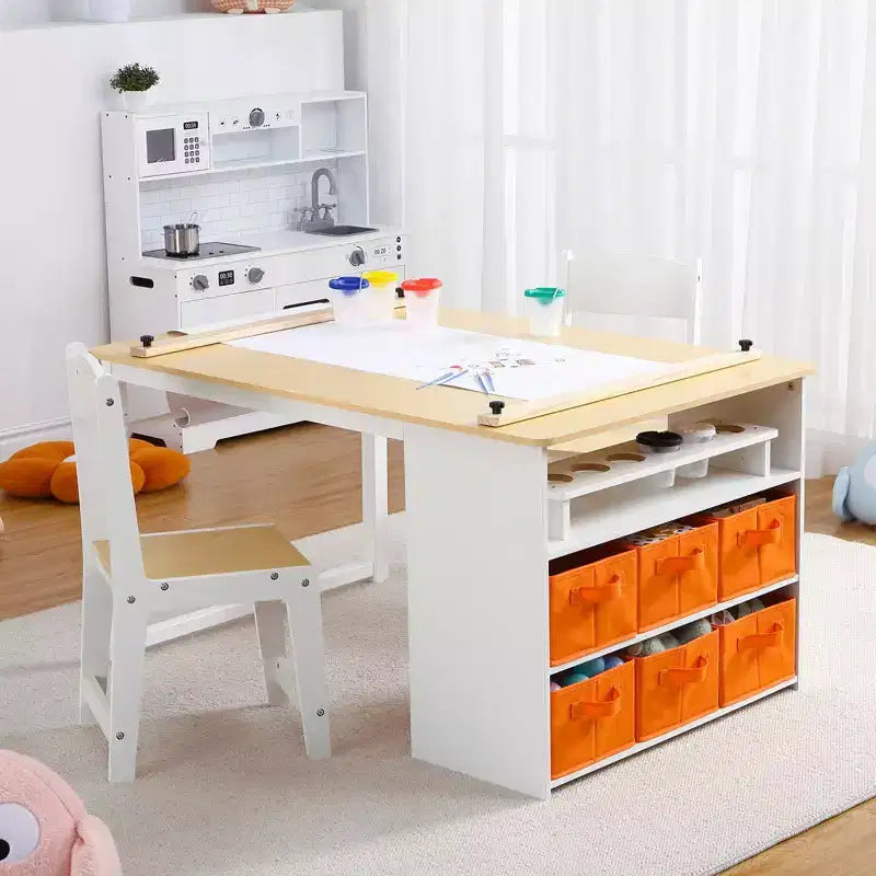 Tavolo e Sedia da Disegno per Bambini 4 in 1, Scrivania Artigianale per Bambini con Ampio Spazio per l'Organizzazione e Organizer Portatile per Materiali Artistici, Tavolo da Disegno, Attività e Studio per Bambini