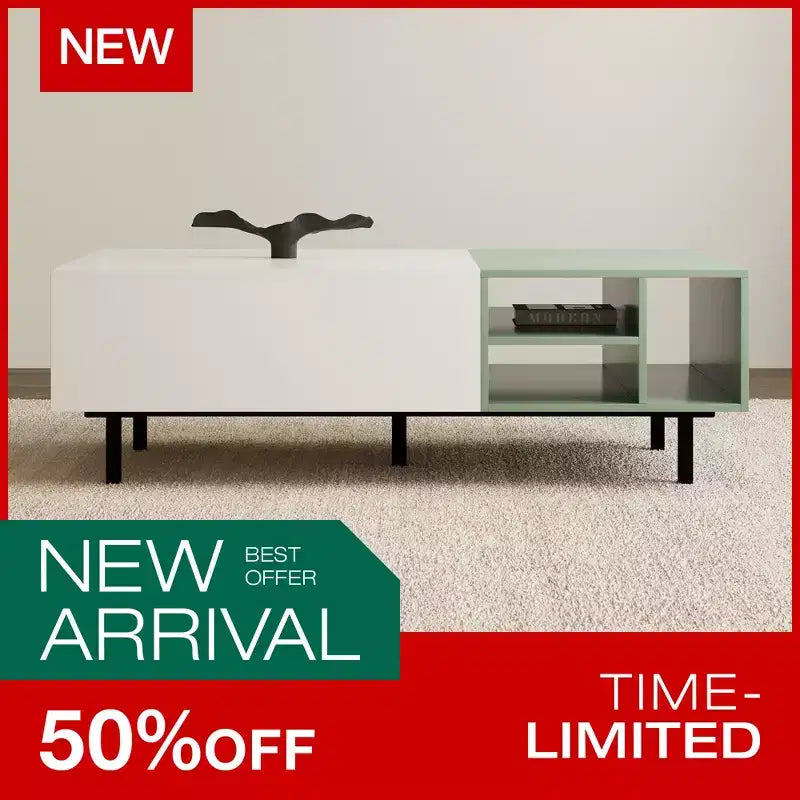 Tavolino da salotto Luck Live Moderno con 2 cassetti, design bicolore, ripiani aperti, maniglia nascosta e gambe in metallo