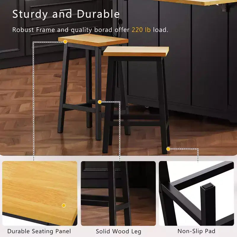 EHMKNP Sgabelli alti da bancone da 65 cm con poggiapiedi, sedile in legno e struttura in metallo nero, sgabelli da cucina rustici per sala da pranzo, pub o caffetteria