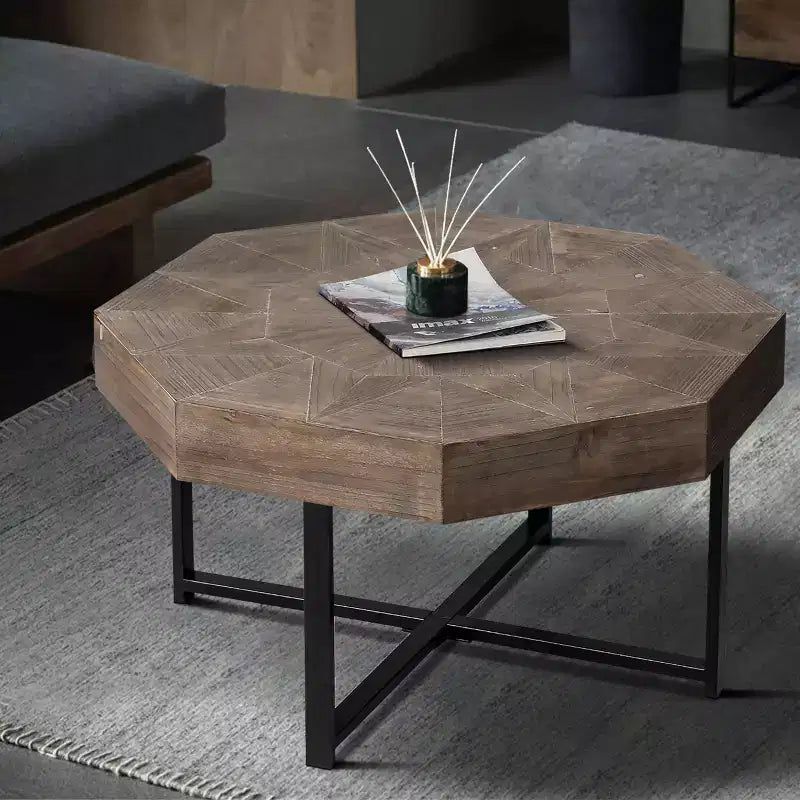 Octagonal Coffee Table, Vintage Patchwork Wood Side Table, Farmhouse Sofa Table with Cross Metal Legs for Living Room, Reception Room