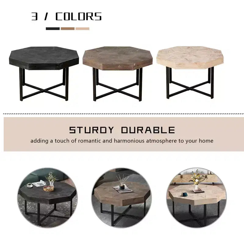 Tavolino Ottagonale da Caffè, Tavolino Laterale Vintage in Legno Patchwork, Tavolino da Divano in Stile Rustico con Gambe Metalliche Incrociate per Soggiorno, Sala d'Aspetto